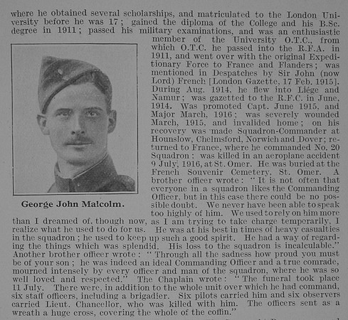 Malcolm G J Major Royal Flying Corps Obit Part 2 De Ruvignys Roll Of Honour Vol 3