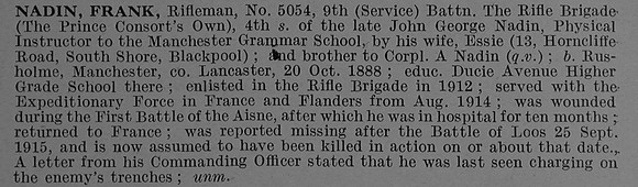 Nadin F Rfn 5054 9th Rifle Brigade Obit De Ruvignys Roll Of Honour Vol 4