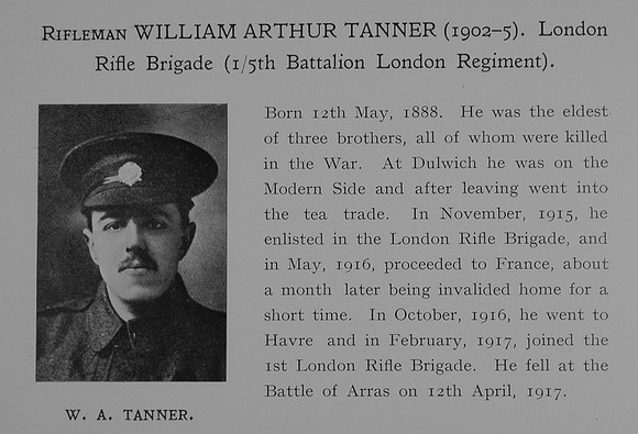Tanner W A Rfn 5th London Regiment Obit Dulwich College Roll Of Honour