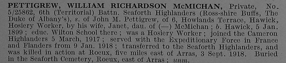 Pettigrew W R M Pte 5/25862 6th Seaforth Highlanders Obit De Ruvignys Roll Of Honour Vol 4
