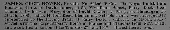 James C B Pte 20296 1st Royal Inniskilling Fusiliers Obit De Ruvignys Roll Of Honour Vol 4