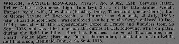 Welch S E Pte 50862 12th Somerset Light Infantry Obit De Ruvignys Roll Of Honour Vol 4