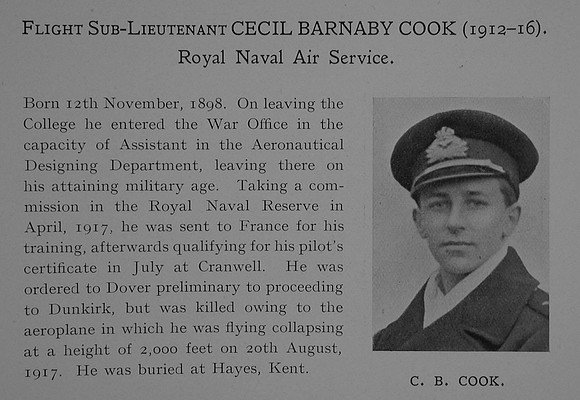 Cook C B Flt Sub Lt RNAS Obit Dulwich College Roll Of Honour