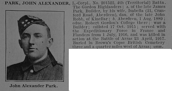 Park J A L/Cpl 4th Gordon Highlanders Obit De Ruvignys Roll Of Honour Vol 3
