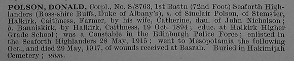 Polson D Cpl S/8763 1st Seaforth Highlanders Obit De Ruvignys Roll Of Honour Vol 4