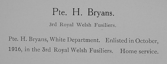 Bryans H Pte 3rd Royal Welsh Fusiliers Record  William Graham Co Roll Of Honour