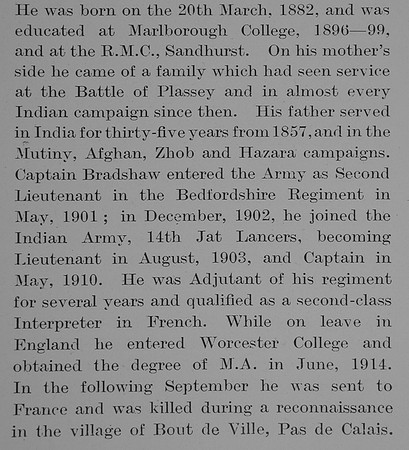 Bradshaw A E Captain Indian Army Attd 15th Hussars Obit Part 2 The Bond Of Sacrifce Vol 1