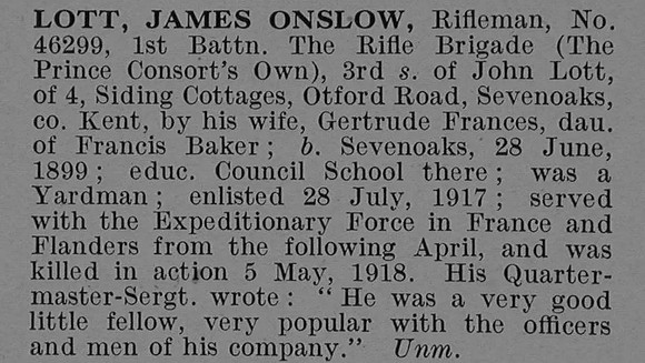 Lott J O Rfn 46299 1st Rifle Brigade Obit De Ruvignys Roll Of Honour Vol 4