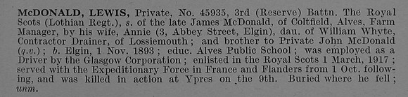 McDonald L Pte 45935 3rd Attd 15th Royal Scots Obit De Ruvignys Roll Of Honour Vol 4