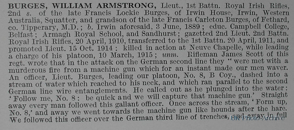 Burges W A Lt 1st Royal Irish Rifles Obituary Part 1 De Ruvignys Roll Of Honour Vol 1