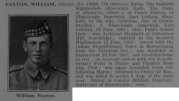 Paxton W Pte 13688 7th Seaforth Highlanders Obit De Ruvignys Roll Of Honour Vol 4