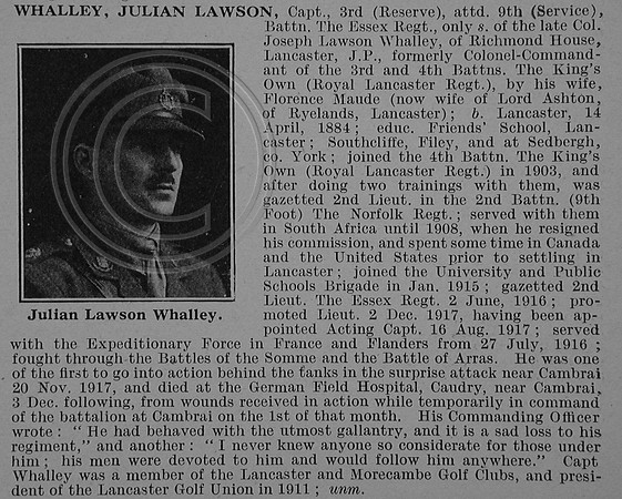 Whalley J L Captain 3rd Attd 9th Essex Regiment Obit De Ruvignys Roll Of Honour Vol 4
