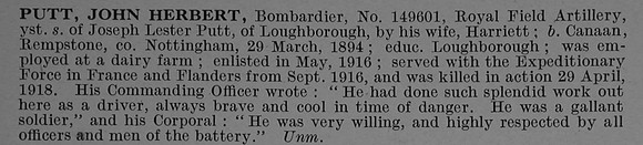 Putt J H Bmdr 149601 Royal Field Artillery Obit De Ruvignys Roll Of Honour Vol 4