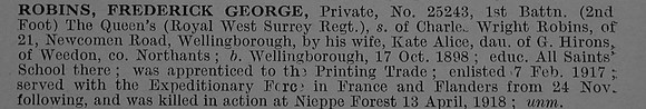 Robins F G Pte 25243 1st Queens Royal West Surrey Regiment Short Obit De Ruvignys Roll Of Honour Vol 4