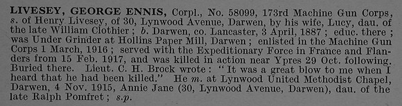 Livesey G E Cpl 58099 Machine Gun Corps Obit De Ruvignys Roll Of Honour Vol 4