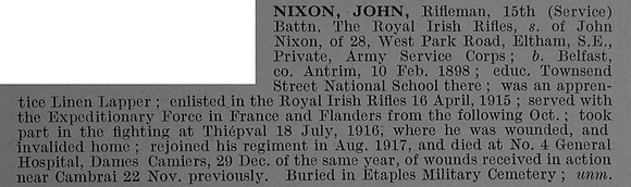 Nixon J Rfn 151468 15th Royal Irish Rifles Obit De Ruvignys Roll Of Honour Vol 4
