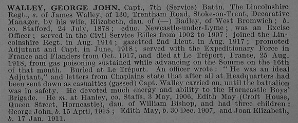 Walley G J Captain 7th Lincolnshire Regiment Obit De Ruvignys Roll Of Honour Vol 4