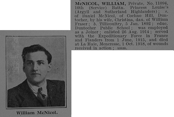 McNicol W Pte 11094 10th Argyll & Sutherland Highlanders Obit De Ruvignys Roll Of Honour Vol 5