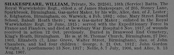 Shakespeare W Pte 202561 16th Royal Warwickshire Regiment Obit De Ruvignys Roll Of Honour Vol 4