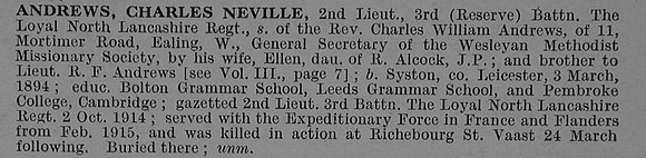 Andrews C N 2nd Lt 3rd Loyal North Lancs Regiment Obit De Ruvignys Roll Of Honour Vol 4