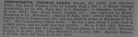 Arrowsmith T J 51836 11th Royal Fusiliers Obit De Ruvignys Roll Of Honour Vol 4