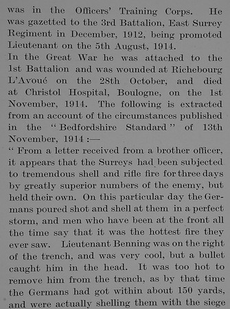 Benning M S Lt 3rd East Surrey Regiment Obit Part 2 The Bond Of Sacrifice Vol 1