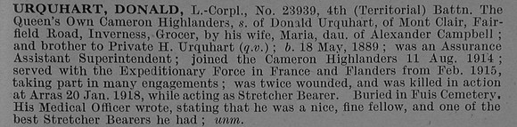 Urquhart D L/Cpl 23939 4th Cameron Highlanders Obit De Ruvignys Roll Of Honour Vol 4