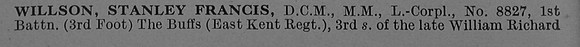 Willson S F L/Cpl 8827 DCM MM 1st East Kent Regiment Obit Part 1 De Ruvignys RollOf Honour Vol 4