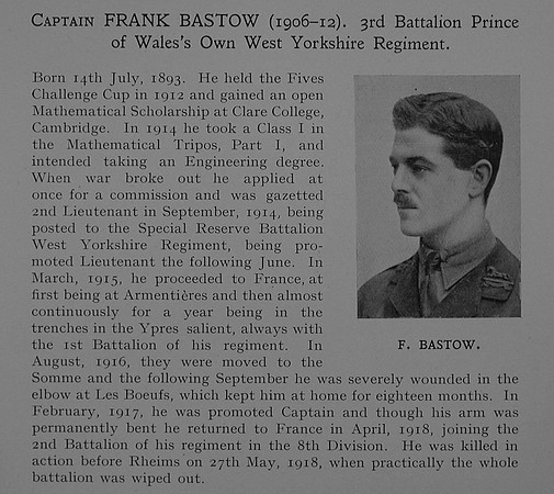 Bastow F Captain 3rd West Yorkshire Regiment Obit Dulwich College Roll Of Honour
