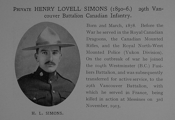 Simons H L Pte 75473 29th Canadian Infantry (British Columbia Regiment) Obit Dulwich College Roll Of Honour