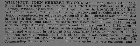 Willmott J H V Captain MC 2nd Essex Regiment Obit Part 1 De Ruvignys Roll Of Honour Vol 4