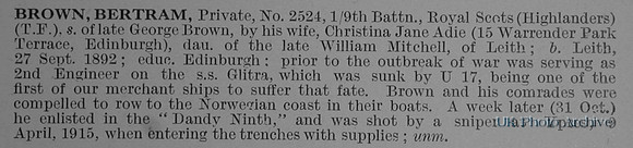 Brown B Pte 2524 9th Royal Scots Obituary De Ruvignys Roll Of Honour Vol 1