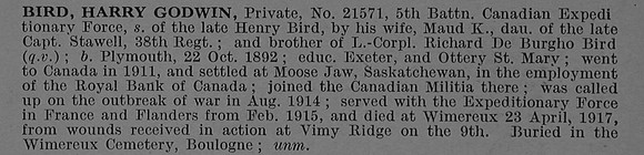 Bird H G Pte 21571 5th Canadian Infantry (Saskatchewan Regiment) Obit De Ruvignys Roll Of Honour Vol 4