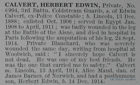 Calvert H E Pte 6994 3rd Coldstream Guards Obituary De Ruvignys Roll Of Honour Vol 1