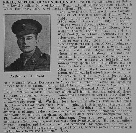 Field A C H 2nd Lt 13th Royal Fusiliers Obit De Ruvignys Roll Of Honour Vol 3