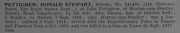 Pettigrew D S Pte 241493 11th Royal Sussex Regiment Short Obit De Ruvignys Roll Of Honour Vol 4