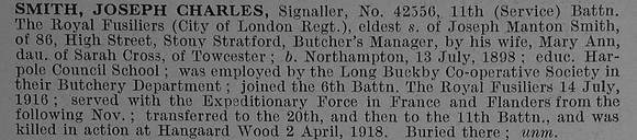 Smith J C Sig 42556 11th Royal Fusiliers Obit De Ruvignys Roll Of Honour Vol 4
