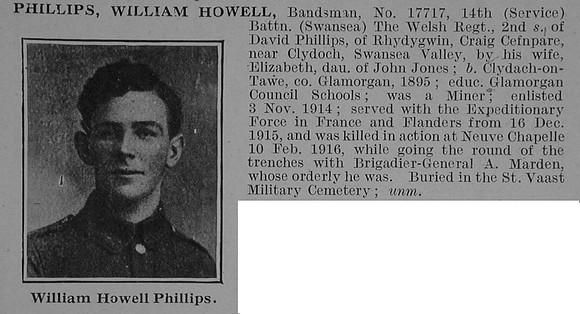 Phillips W H Bandsman 14th Welsh Regiment Obit De Ruvignys Roll Of Honour Vol 3