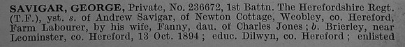 Savigar G Pte 236672 1st Herefordshire Regiment Short Obit Part 1 De Ruvignys Roll Of Honour Vol 4