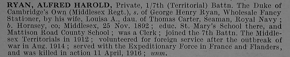 Ryan A H Pte 200273 7th Middlesex Regiment Obit De Ruvignys Roll Of Honour Vol 4