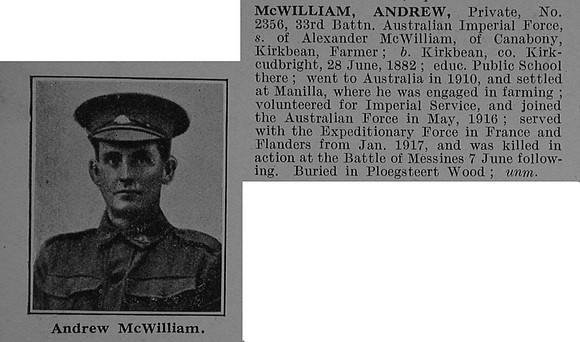 McWilliam A Pte 2356 33rd Australian Infantry Obit De Ruvignys Roll Of Honour Vol 4
