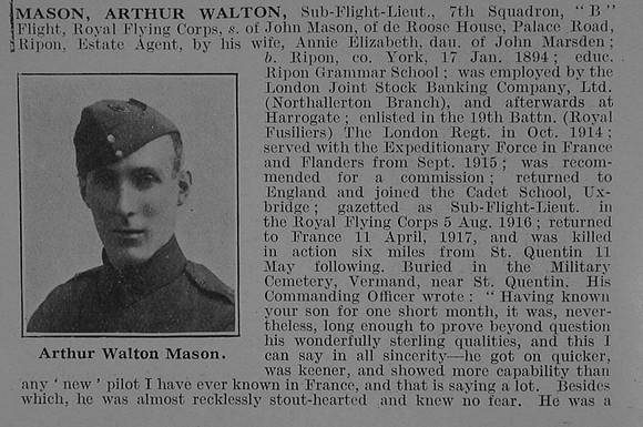 Mason A W Sub Flt Lt Royal Flying Corps Obit Part 1 De Ruvignys Roll Of Honour Vol 3