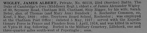 Wigley J A Pte 60119 23rd Middlesex Regiment Obit De Ruvignys Roll Of Honour Vol 4
