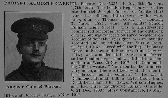 Pariset A G Pte 7th London Regiment Obit De Ruvignys Roll Of Honour Vol 3