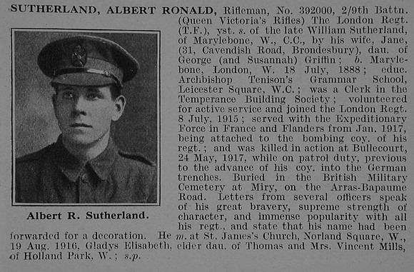 Sutherland A R Rfn 392000 9th London Regiment Obit De Ruvignys Roll Of Honour Vol 3