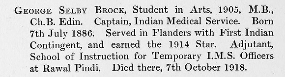 Brock G S Captain Indian Medical Service Obit