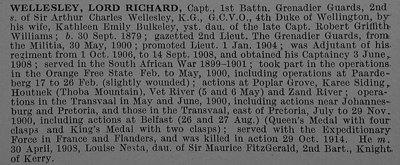Wellesley R Captain Lord 1st Grenadier Guards Obit De Ruvignys Roll Of Honour Vol 4
