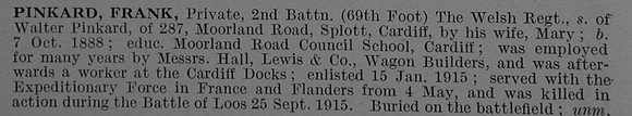 Pinkard F Pte 22919 2nd Welsh Regiment Obit De Ruvignys Roll Of Honour Vol 4