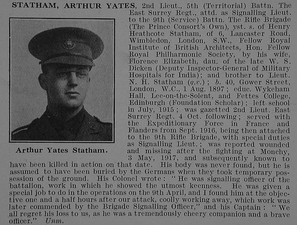 Statham A Y 2nd Lt 5th East Surrey Regiment Attd 9th Rifle Brigade Obit De Ruvignys Roll Of Honour Vol 3