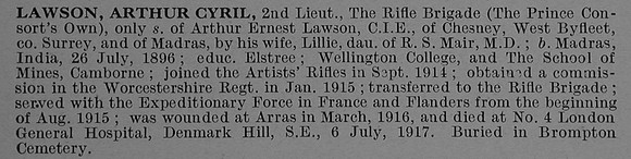 Lawson A C 2nd Lt 7th Rifle Brigade Obit De Ruvignys Roll Of Honour Vol 4